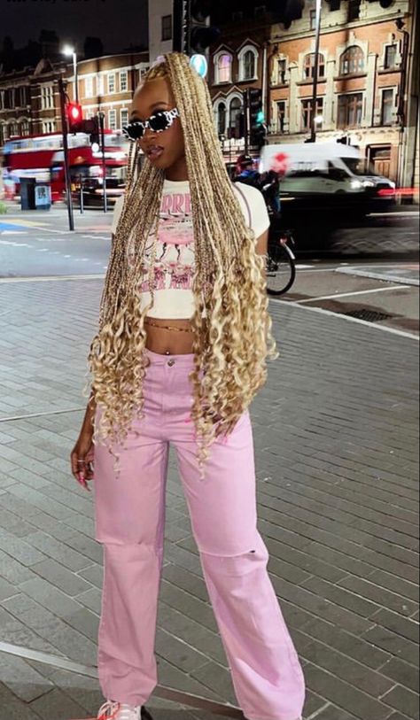 Blonde And Pink Braids With Curls, Hair Type Chart, Braids Aesthetic, Bratz Y2k, Hairstyles Theme, Cute Box Braids, Girl Hair Colors, Blonde Braids, Blonde With Pink