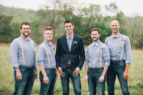 jeans, gingham, and suspenders for the gents | Justin & Mary #wedding Groomsmen Suspenders And Jeans, Suspenders With Jeans, Western Groomsmen, Fall Virginia, Jeans And Suspenders, Casual Elopement, Male Suits, Casual Groom, Casual Groom Attire