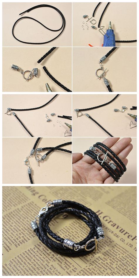 Braided Leather Bracelet Diy, Leather Bracelet Diy, Mens Bracelet Diy, Leather Bracelet Tutorial, Diy Leather Bracelet, Wire Jewelry Making, Cord Jewelry, Pola Gelang, Bracelets And Necklaces