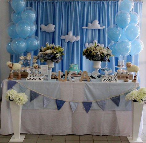 Decoración Baby Shower Niño - decoracion para fiestas Baby Shower Decoracion, Baptism Party Boy, Christening Decorations, Baby Boy Christening, Ideas Baby Shower, Baby Shower Deco, Baby Boy Baptism, Baby Boy 1st Birthday, בר מצווה