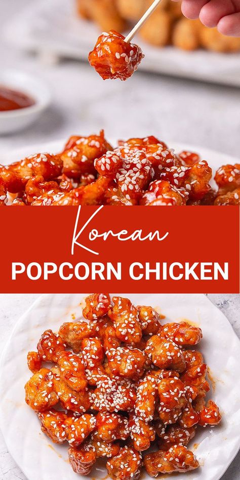 High Protein Korean Popcorn Chicken, Baked Korean Popcorn Chicken, Airfryer Popcorn Chicken, Asian Popcorn Chicken, Things To Cook When Your Bored, Chinese Popcorn Chicken, Korean Chicken Popcorn, Korean Chicken Bites, Popcorn Chicken Sauce