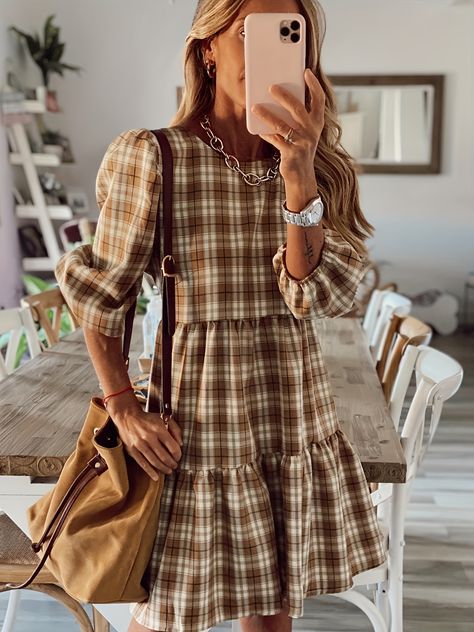 Faster shipping. Better service Womens Plaid Dress, Brown Mini Dress, Houndstooth Dress, Plaid Dress Shirt, Khaki Dress, Patchwork Dress, Dresses By Length, Long Sleeve Shirt Dress, Plaid Dress