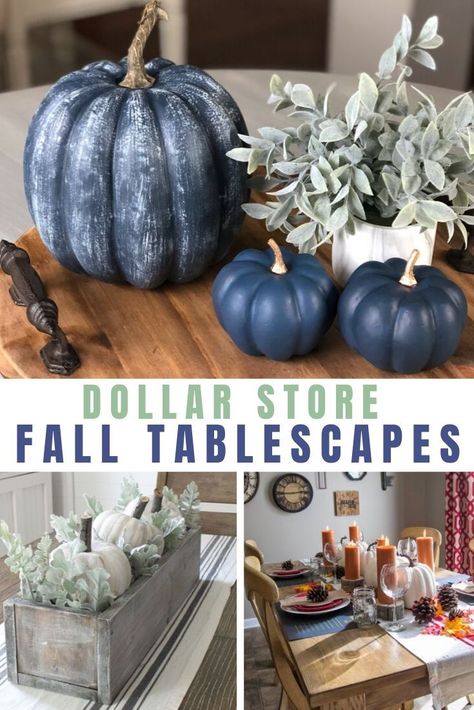 Dollar Tree Table Decor, Thanksgiving Table Settings Dollar Store, Dollar Tree Table, Fall Tablescape Ideas, Tree Table Decor, Thanksgiving Decorations Diy Table, Thanksgiving Decorations Outdoor, Blue Fall Decor, Fall Table Centerpieces