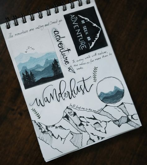 Mountain Journal Ideas, Dairy Making Ideas Craft, Trekking Journal, Dairy Making Ideas, Mountain Scrapbook, Album Photo Voyage, Mountain Journal, Sketch Notes Doodles, Hiking Journal