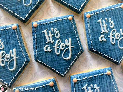 Denim Baby Shower, Pearl Baby Shower, Gingerbread Art, Cowboy Baby Shower, White Baby Showers, Denim Baby, Denim And Diamonds, Shower Cookies, Teddy Bear Baby Shower