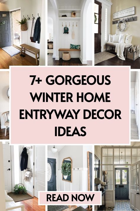 7 winter home entryway decor ideas Decorating Entryway Bench, Indoor Front Door Decor, January Entry Table Decor, Front Entry Bench Ideas, Winter Entryway Table Decor, Entry Way Decoration Ideas, Front Door Decor Inside, Entry Bench Decor Entryway, Entry Wall Decor Ideas