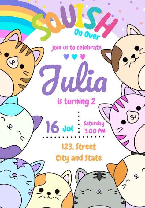 Edite grátis você mesmo usando nosso editor online | Design by Julia Berdugo | Digital Invitation Squishmallow Themed Birthday Invitation

The perfect Squishmallow Themed Birthday Invitation invitation for your event!

Customize your invitation to your liking with our online editor

Our digital $theme invitation is fully customizable. You can change the text, font, colors, and even add photos. It's easy to use and you can create the perfect invitation in minutes using our online editor. Squish Mellows Birthday Party Ideas, Squishmallow Birthday Party Free Printable, Squishmallow Party Invitations, 7th Birthday Theme Girl, Squishmallows Invitations, Squishmallow Birthday Shirt, Squishmallow Themed Birthday Party, Sqishmelow Birthday, Squishmallow Birthday Invitation