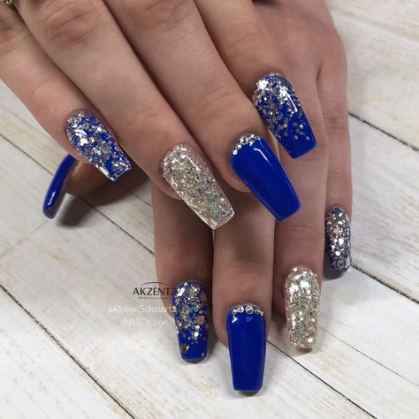 Royal Blue New Years Nails, Royal Blue Acrylic Nails Glitter, Blue Nails With Diamonds, Royal Blue Nails For Prom, Royal Blue And Silver Nails, Blue And Silver Nail Designs, Coffin Gel Nails, Blue Gold Nails, Royal Blue Nails Designs