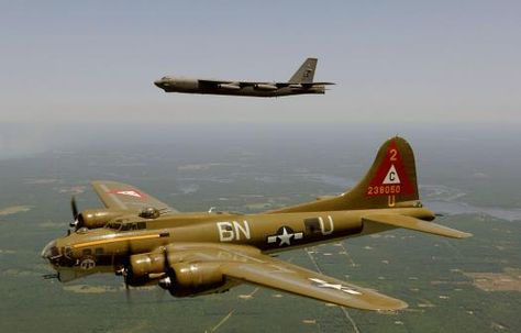 A B-17 Flying With A B-52 - In the foreground is the B-17 Flying Fortress, iconic World War II bomber. In the background is a B-52 Superfortress, iconic Cold War bomber still in service. U.S. Air Force Master Sgt. Michael A. Kaplan, via Wikimedia Commons B 52 Stratofortress, Army Air Corps, Wwii Airplane, Flying Fortress, Wwii Plane, Military Airplane, Aircraft Photos, Ww2 Planes, B 17