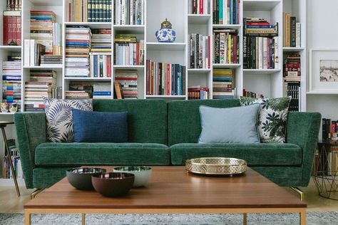 green sofa, bookcase Sofa Bookcase, Green Couch, Green Sofa, Apartment Ideas, Sectional Couch, Sectional, Bookcase, Loft, The House