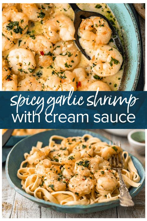 Spicy Shrimp Pasta Recipes Creamy, Shrimp Pasta With Cream Sauce, Spicy Garlic Shrimp Pasta, Simple Shrimp Pasta, Spicy Shrimp Scampi, Shrimp With Cream Sauce, Creamy Garlic Shrimp Pasta, Shrimp Cream Sauce, Sauteed Garlic Shrimp