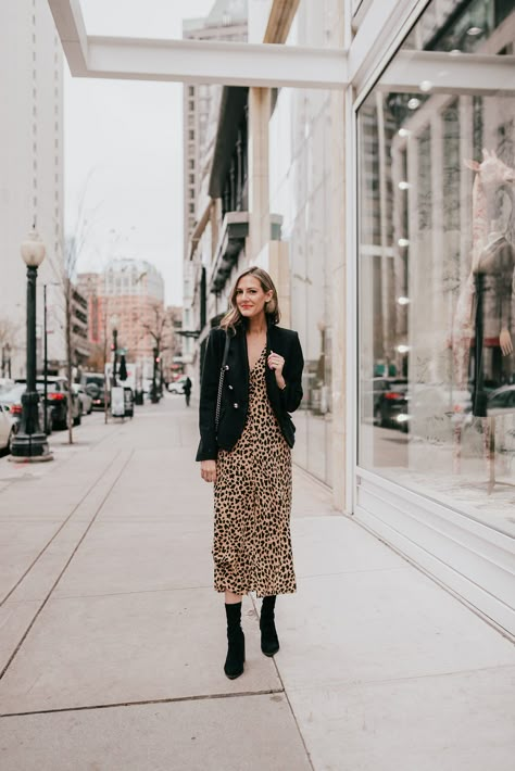 leopard midi dress, black blazer outfit, fall dress outfit Blazer And Dresses Outfit, Jacket Over Midi Dress, Black Blazer With Dress Outfit, Midi Dress With Blazer Outfits, Leopard Midi Dress Outfit, Midi Dress And Blazer Outfit, Dresses With Blazers Outfit, Midi Dress With Blazer, Blazer With Dress Outfit