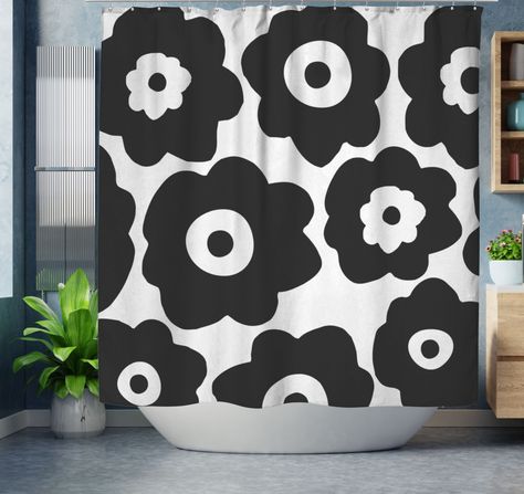 "Matching bath mat: https://www.etsy.com/BundleofHappinessCo/listing/972856463/boho-bath-mat-retro-poppies-bohemian Transform your bathroom in an instant with one of our stylish modern abstract shower curtains! These shower curtains are fun and functional eye-catchers and one of the quickest and easiest ways to update your bathroom's look and feel. Size (width x length): 71 x 74\" (Please note: size may vary ca. 2-2.5 inches) Made of durable yet light and quick drying 100% woven poplin polyester Shower Curtain Black And White, Curtain Black And White, Bohemian Shower Curtain, Boho Bath Mat, Shower Curtain Black, Retro Shower Curtain, Minimalist Showers, Extra Long Shower Curtain, Green Shower Curtains