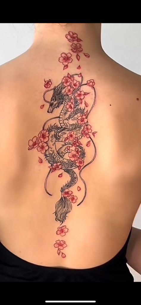 Kimono Dragon Tattoo, Dragon Tattoo With Red Flowers, Chinese Dragon Back Tattoo Women, Red Spine Tat, Japanese Cherry Blossom Spine Tattoo, Japanese Spine Tattoo Women, Spine Tattoo Cover Up Ideas, Chinese Dragon Tattoos For Women, Red Dragon Spine Tattoo