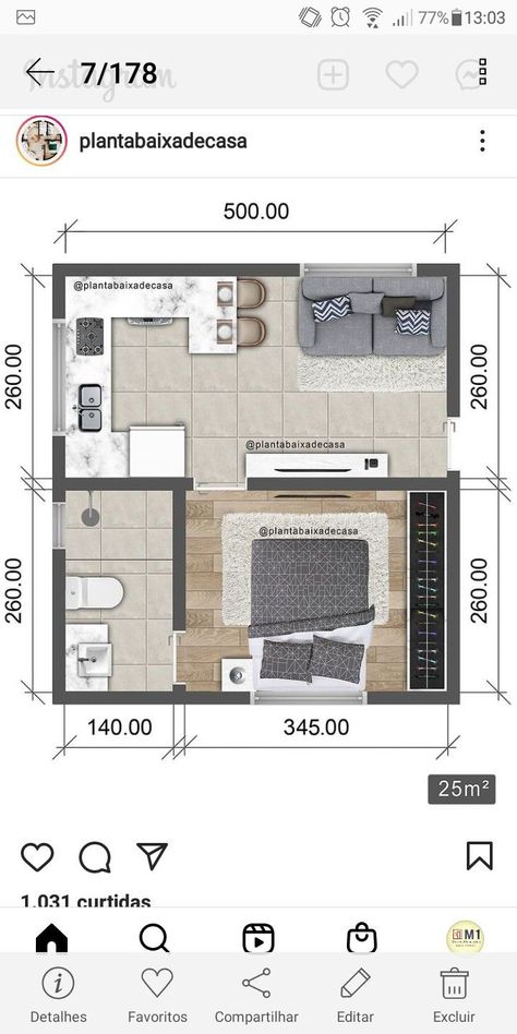 Small House Design Plans 6x6, 5x5 Floor Plan, 30m2 House Plan, 25m2 Apartment Plan, 25m2 Apartment, Small Apartment Plans, Studio Apartment Floor Plans, Mini Apartments, 3d Floor Plans