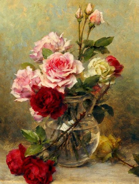 Painting Of Roses, Roses In A Vase, Painting Roses, Paintings I Love, Still Life Art, Flower Canvas, Rose Art, Flower Art Painting, Rose Painting