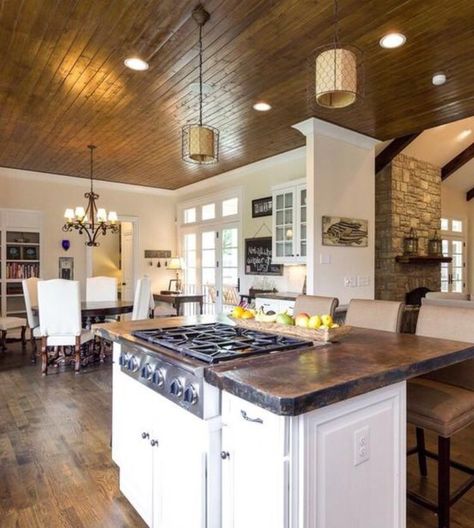 Love the details and the wood ceiling! Kitchens With Wood Ceilings And Floors, Kitchen With Wooden Ceiling, Wooden Kitchen Ceiling, Wood Ceiling Kitchen, Kitchens Cabinets, Screen Porch, Wood Ceiling, Ceiling Ideas, Kitchen Ceiling