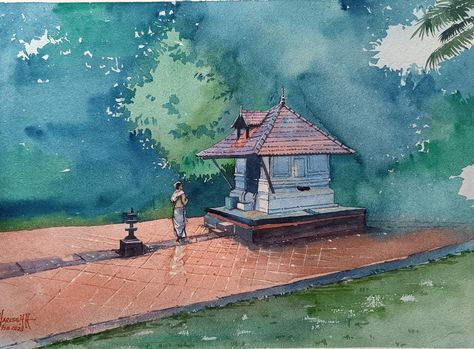 #watercolor #temple #keralatemple #painting Kerala Village Painting, Kerala Watercolor Paintings, Watercolor Temple, Kerala Temple, Pond Drawing, Kerala Traditional House, Temple Drawing, Water Architecture, Wooden Sofa Set Designs