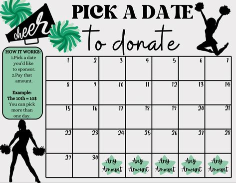 Cheer Pick a Date to Donate, Fundraiser Idea, Pay the Date Fundraiser, Cheerleading Fundraiser, My Cheer Season, Fundraiser Calendar - Etsy Cheerleading Fundraiser Ideas, Cheer Fundraising Ideas, Cheer Fundraiser Ideas, Dance Team Fundraisers, Cheer Fundraiser, Calendar Fundraiser, Cheerleading Fundraiser, Easy Fundraising, Cheer Season