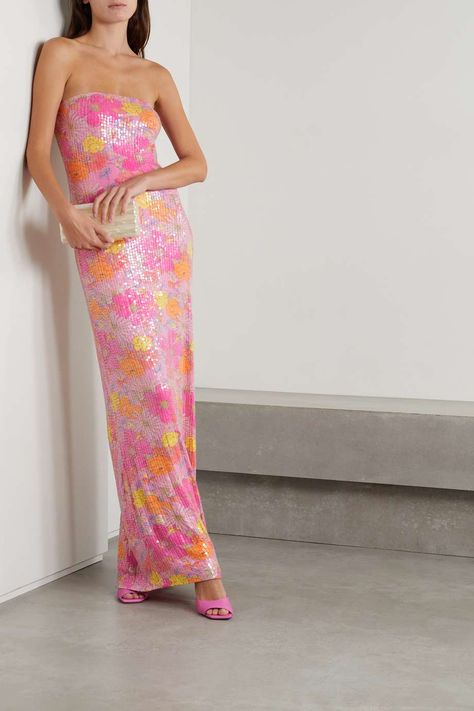 Batik Gown, Wedding Guest Dress Styles, Sequin Long Dress, Colorful Florals, Celebrity Casual Outfits, Pink Strapless Dress, Dress Code Wedding, Love Shack Fancy, Jersey Maxi Dress