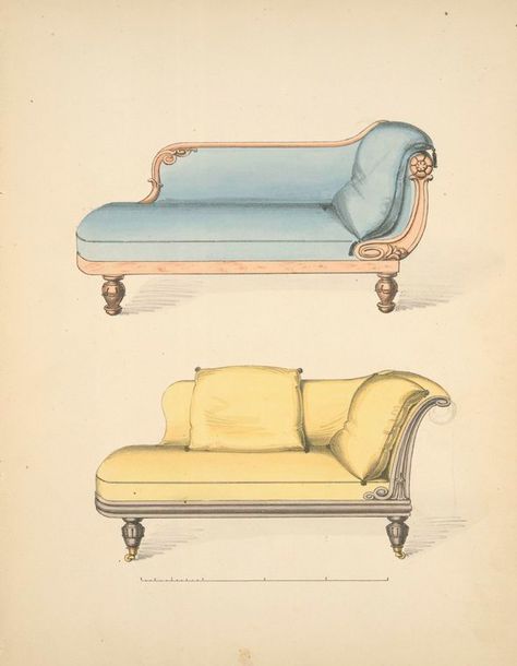 Couches with elliptic ends. - NYPL Digital Collections 70 House, Sofa Drawing, Feeling Faint, Drawing Furniture, Furniture Sketch, Furniture Design Sketches, Interior Architecture Drawing, Interior Design Sketches, Cozy Chair