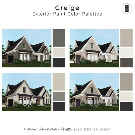 Greige (Gray-Taupe) - 4 Pre-Made Exterior Paint Color Schemes This listing is for four greige (a mix of gray and taupe for a neutral, slightly warm color) pre-made exterior paint color schemes. The color schemes shown on the listing rendering (cover) are the palettes you will receive but with the paint color details (name and color number) shown upon purchase.   Each color scheme option shows the equivalent color names and numbers for the following paint manufacturers: *Sherwin Williams  *Benjamin Moore *Behr *Valspar  As a professional interior designer with over 20 years of experience, I have learned that exterior color selection is one of the biggest needs.  Painting your exterior is an expensive and large-scale project - thus the paint colors need to be just right!  This listing provid Greige House Exterior, Gray Exterior Paint, Exterior Paint Color Schemes, Grey Exterior House Colors, Exterior Gray Paint, Gray House Exterior, Gray Exterior, Paint Palettes, House Exterior Paint