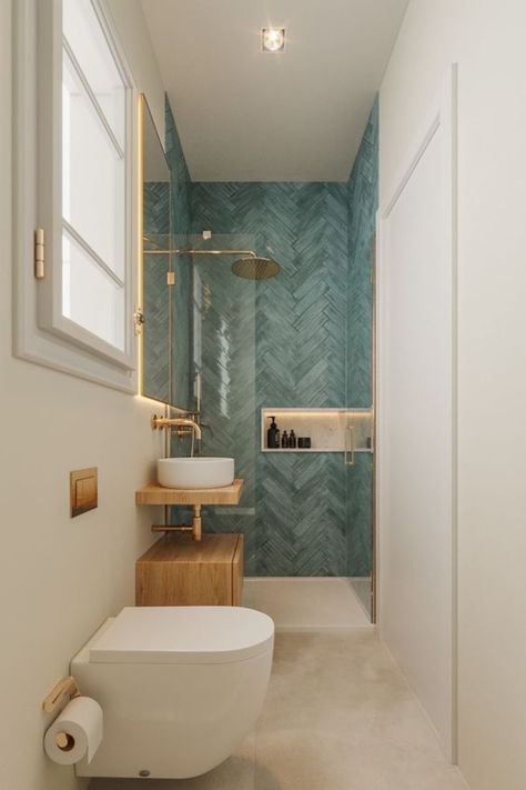 #GoTinySpace #SmallBathroom #SmallBathroomIdeas تصميم دورة مياه, Small Bathroom Interior, Narrow Bathroom, Bathroom Redesign, Small Bathroom Storage, Bathroom Design Decor, Upstairs Bathrooms, Bathroom Inspiration Decor, Downstairs Bathroom