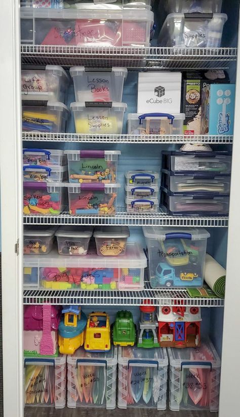 Daycare Supplies Organization, Preschool Closet Organization, Classroom Closet Organization Ideas, Organizing Preschool Supplies, Daycare Storage Room, Daycare Closet Organization, Preschool Closet Organization Storage Ideas, Care Closet For School, Homeschool Closet Organization