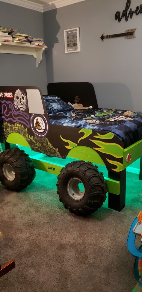 Boys Monster Jam Bedroom, Cool Kid Beds For Boys, Cars And Trucks Themed Bedroom, Monster Trucks Room Decor, Toddler Boys Bedroom Ideas Car, Hotwheel Room Ideas, Hot Wheel Bedrooms, Hotwheel Bedroom Ideas, How To Organize Monster Trucks