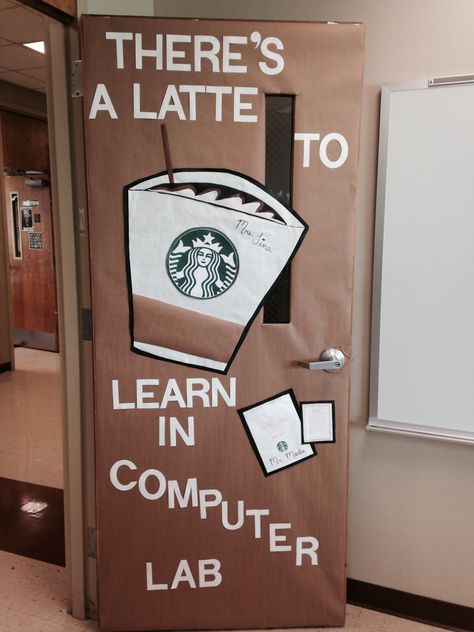 My classroom door this year! "There's a latte to learn in computer lab" Computer Door Decorations Classroom, Computer Lab Teacher Ideas, Computer Lab Door Ideas, Computer Lab Door Decorations, Computer Lab Decoration Ideas, Bulletin Board Ideas For Computer Lab, School Computer Lab Decor, Technology Door Decorations Computer Lab, High School Door