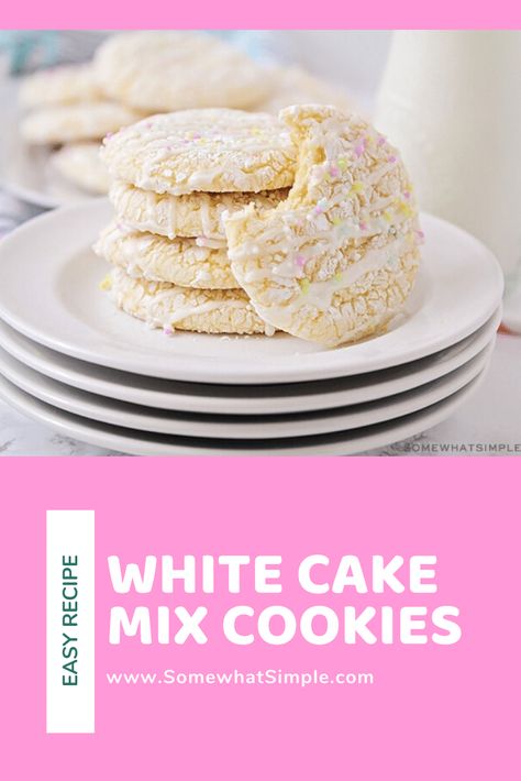 White cake mix cookies are as pretty as they are delicious! Made with just 4 ingredients, they come together easily and are perfect for any special occasion! #cakemixcookies #whitecakemixcookierecipe #3ingredientwhitecakemixcookies #whitecakemixcookies #bettycrockerwhitecakemixcookierecipe White Cake Mix Cookies, Strawberry Cake Mix Cookies, Lemon Cake Mix Cookies, Cake Mix Cookie, Recipes Using Cake Mix, Wedding Cake Cookies, Strawberry Cake Mix, Cake Mix Cookie Recipes, Dessert Simple