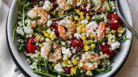 Couscous Salad with Shrimp, Corn & Feta | Walder Wellness, RD Shrimp Arugula, Recipe Couscous, Couscous Salad Recipes, Arugula Recipes, Shrimp Recipes Healthy, Roasted Strawberries, Couscous Recipes, Healthy Shrimp, Whipped Feta