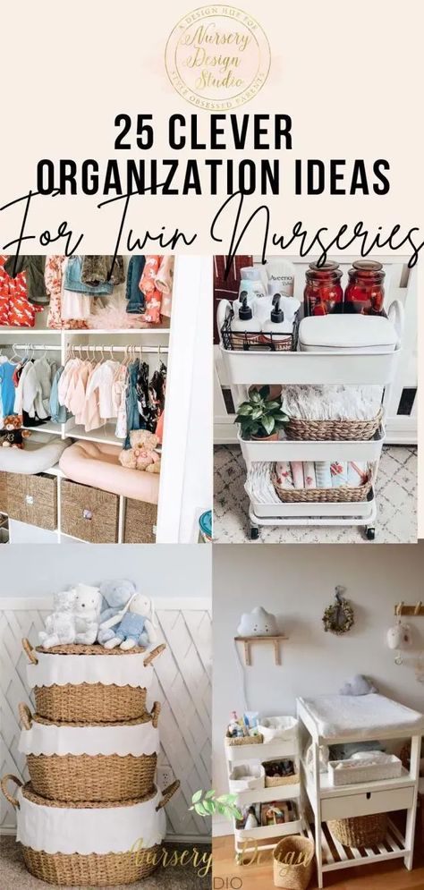 Ahead find 25 Clever Twin Nursery Organization Tips- to ensure your babies' haven is every bit as efficient as it is endearing. Twin Nursery Organization, Twin Nursery Room, Nursery Organization Ideas, Twin Girls Nursery, Shared Nursery, Twin Nursery, Pacifier Storage, Space Saving Hacks, Clever Organizer