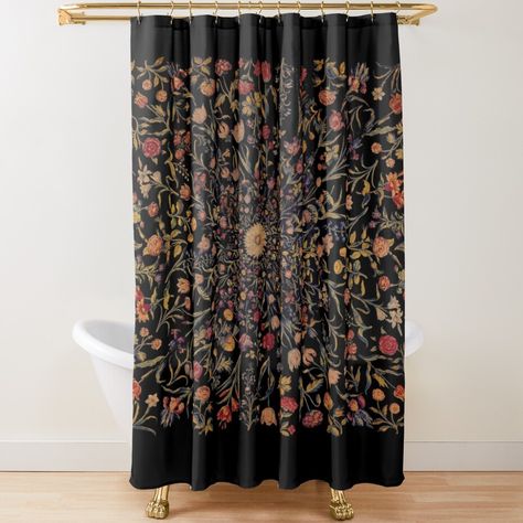 Extra-long decorative fabric shower curtains with 12 button holes. Comes ready to hang. Vivid, full-color printed on front and white on back. Fits most standard size tubs and showers. Medieval flowers tapestry style design.. Tapestry Shower Curtain, Gothic Shower Curtain, Gothic Bathroom Shower Curtains, Black Floral Shower Curtain, Black And White Floral Shower Curtain, Country Bathroom Designs, Vintage Shower Curtain, Beautiful Bathroom Decor, Bathroom Towel Decor