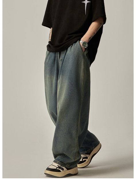 Model is 5ft 9''(174cm) tall, 135 lbs(61kg) weight and wearing a size L - 75% cotton- 25% polyester- Baggy style- DENIM- Drawstirng- Wide straight fit- 2 colors Style Wide Leg Pants, Straight Denim Jeans, Korean Streetwear, Pants Elastic Waist, Loose Trousers, Fashion Jeans, Blouse Pants, Autumn Style, Korea Fashion