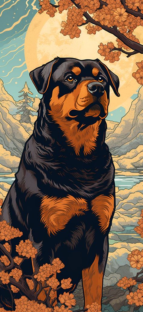 A Rottweiler sitting in the mountains under the night sky with a glowing moon, all designed in Ukiyo-E style for an aesthetic phone wallpaper. Unique Aesthetic Wallpaper, Rottweiler Wallpaper, Pitbull Wallpaper, Dog Wallpaper Iphone, Bald Eagle Art, Paw Wallpaper, Mountains At Night, Glowing Moon, Wal Art