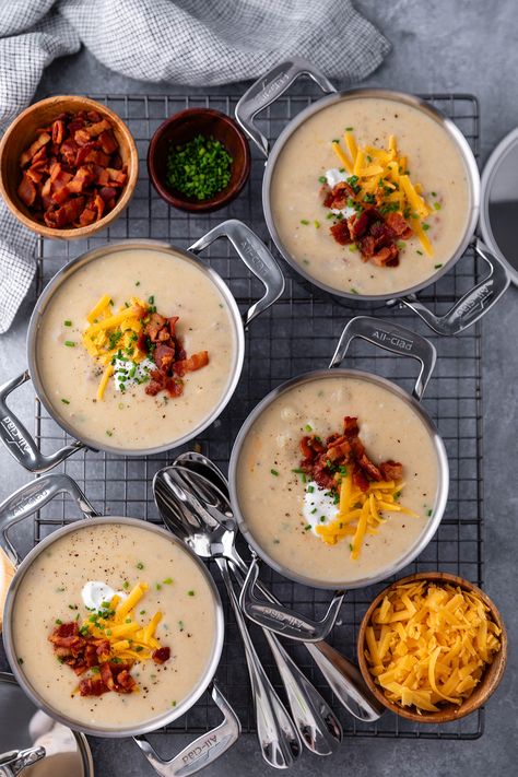 Loaded Baked Potato Soup - A cheesy potato soup loaded with all your favorite baked potato toppings. Potato Soup Loaded, Baked Potato Toppings, Cheesy Potato Soup, Popular Dinner Recipes, Loaded Potato Soup, Loaded Baked Potato, Loaded Baked Potato Soup, Potato Toppings, Cheesy Potato