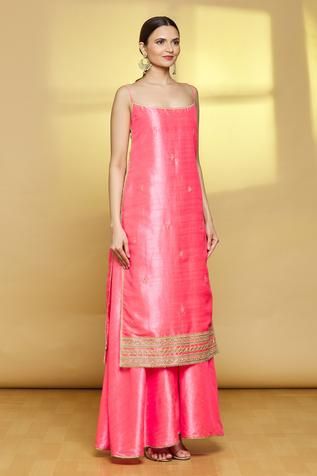 Strappy Kurta, Ruffle Dupatta, Kurta Palazzo Set, Pink Thread, Palazzo Set, Dress Indian Style, Silk Organza, Pink Silk, Casual Style Outfits