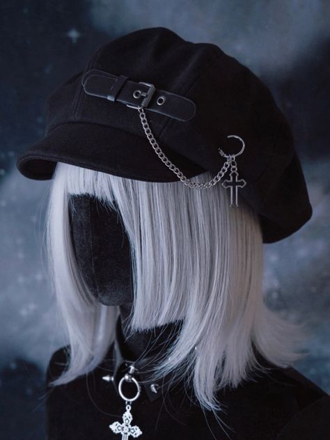 Add a touch of gothic charm to your look with this handmade PU buckle black beret featuring a chain. Made with high-quality materials, this beret is the perfect accessory for anyone looking to add a unique and edgy flair to their outfit. Elevate your style with this eye-catching gothic beret today!  Please note that this product includes the hat only. Goth Winter Hat, Goth Hat Outfit, Goth Hat, Black Beret Hat, Clothes Study, Beret Outfit, Goth Stuff, Steampunk Fashion Female, Accessories Goth