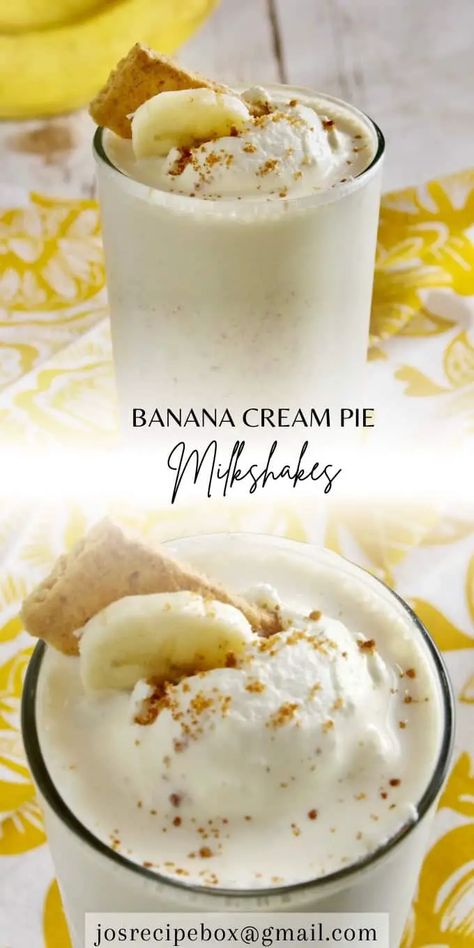 Banana Cream Pie Milkshakes Banana Cream Pie Milkshake, Bannana Cream Pie, Jojo Recipe, Pie Milkshake, Cookie Salad, Classic Hot Chocolate, Coconut Cheesecake, Banana Milkshake, Yummy Dessert