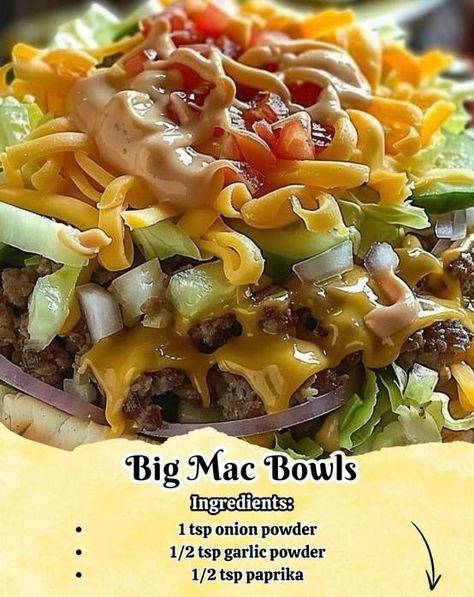 Big Mac Bowls: A Deconstructed Classic Recipe Idea Big Mac Bowls, Big Mac Bowl, Pickles And Cheese, Burger Sauce, Rich Chocolate Cake, Diced Tomatoes, Shredded Lettuce, Dessert Lover, Big Mac