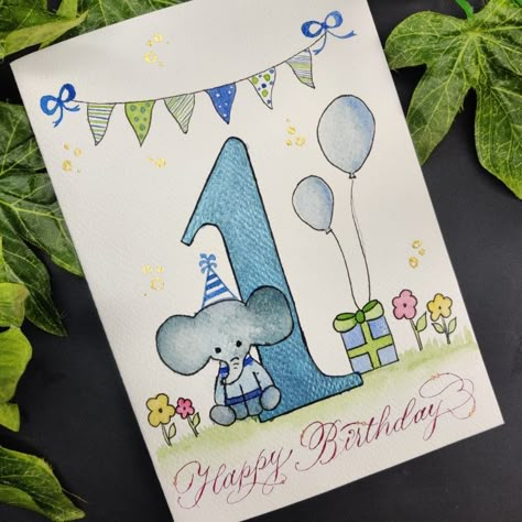 Watercolour 1st Birthday Card, First Birthday Watercolor Card, 1st Birthday Watercolor Card, First Birthday Card Handmade, 1st Birthday Card Ideas, 1st Birthday Cards Handmade, One Year Old Birthday Card, Watercolor First Birthday, Birthday Calligraphy