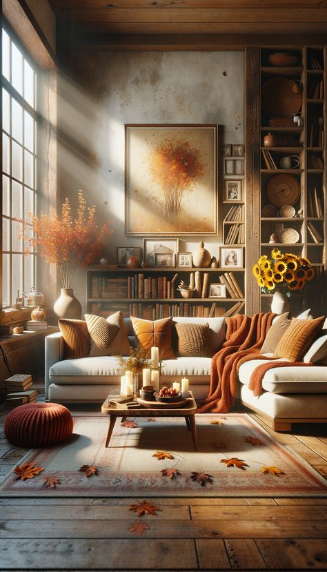 A cozy living room with an autumnal vibe. Beige sectional sofa with throw blanket draped over it. Coffee table adorned with fall decorations. Wooden console table behind sofa displaying more decor. Natural light fills the room, creating a warm atmosphere. Autumn Inspired Living Room, Sofa With Throw, Cozy Living Room Inspiration, Table Behind Sofa, Console Table Behind Sofa, Behind Sofa Table, Burnt Orange Decor, Behind Sofa, Sectional Sofa Beige