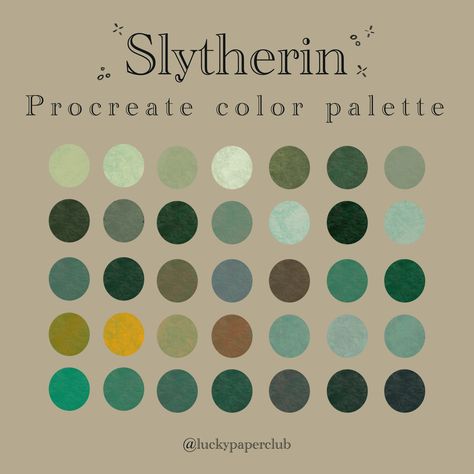 Take a screenshot to use this Slytherin inspired color palette! #colorpalette #color #procreate #drawing #ipad #slytherin #harrypotter Slytherin Colors Palette, Procreate Palette Aesthetic, Slytherin Colour Palette, Harry Potter Procreate Drawing, Dsmp Color Palette, Slytherin Oc Art, Druid Color Palette, Slytherin Palette, Harry Potter Oc Template