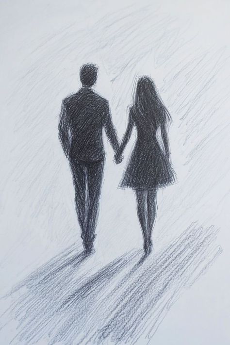 Drawing Of A Couple Hugging, Holding Hands Sketch Couple, Couple Hugs Drawing, Sketchbook Art Inspiration Couple, Sketch Of Holding Hands, Hand In Hand Couple Drawing, Cute Sketches Of Couples, Walking Couple Drawing, Couple Drawing Holding Hands