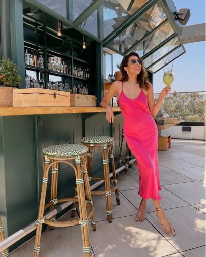 Hot Pink Slip Dress Outfit, Fuschia Dress Outfit, Pink Slip Dress Outfit, Slip Dress Outfit Summer, Hot Pink Sundress, Hot Pink Dress Outfit, Hot Pink Silk Dress, Hot Pink Slip Dress, Fuschia Pink Dress