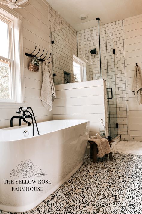 Modern Farmhouse Bathroom With Clawfoot Tub, Mobile Home Bathroom Remodel Master Bath Farmhouse, Master Suite Modern Farmhouse, Hgtv Bathroom Ideas Farmhouse, Bathroom Remodel Master Farmhouse, Modern Rustic Bathroom Ideas Master Bath, Farmhouse Bathrooms Modern, Farmhouse Master Bath Flooring, Master Farmhouse Bathroom Ideas