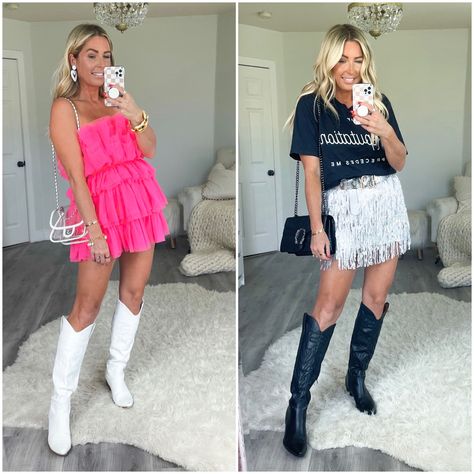 Tall Sparkly Boots Outfit, Sequin Country Concert Outfit, Sequin Skirt Cowboy Boots Outfit, Sequin Concert Outfit Ideas, Sequin Dress And Cowboy Boots, Sequin Dress Cowboy Boots, Taylor Swift Concert Outfit Summer, Sparkle Boots Outfit Style, Pink Concert Outfits