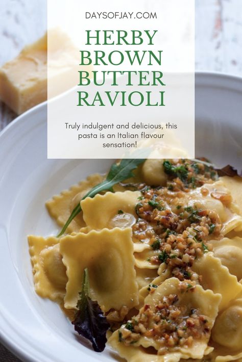 Truly indulgent and delicious, Herby Brown Butter Ravioli or fresh ravioli pasta served in a herby, nutty, brown butter sauce is an Italian flavour sensation. Use good quality fresh pasta, or try making it yourself! Recipe at www.daysofjay.com Brown Butter Pasta Sauce, Browned Butter Sauce For Ravioli, Maple Brown Butter Ravioli, Squash Ravioli Recipe Brown Butter Sauce, Brown Butter Ravioli, Ravioli With Brown Butter Sauce, Fresh Ravioli, Butter Sauce For Pasta, Italian Pasta Sauce