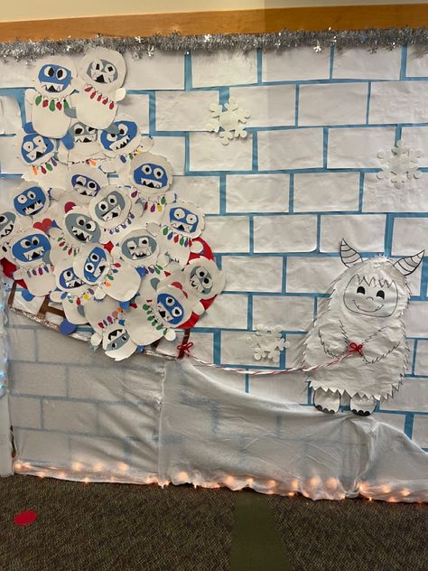 Igloo winter classroom door design. We are yeti for snow. Classroom winter door contest. Yetis riding sled down hill pulled by big Yeti. Winter Door Display, Yeti Classroom Door, Yeti Bulletin Board Ideas, Yeti Bulletin Board, Yeti Door Decorations For School, Yeti Crafts For Kids, Winter Door Contest, Yeti Craft, Classroom Door Design